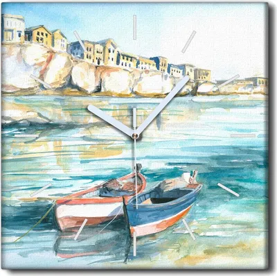Produktbild von Coloray Uhr auf Leinwand 30x30 cm Wand Uhr Dekoration Wohnzimmer Segeltuch weiße Zeiger -Aquarellküste.