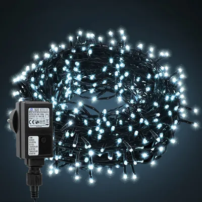 Obrázek produktu pro Světelné řetězy Eikuavons, délka 10 metrů, 100 LED diod, studená bílá barva, 8 režimů, krytí IP44, napětí 31 V, černý kabel, vhodné pro vánoční výzdobu a do zahrady