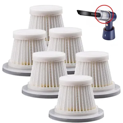 A group of white vacuum cleaner filters are arranged in the foreground, with a small inset image of a blue handheld vacuum cleaner with a filter attached in the upper right corner.
