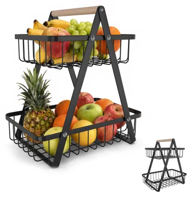 Imagen del producto de Estante de dos niveles, desmontable, de metal, para frutas y verduras, cesta de almacenamiento para la cocina, frutero, color negro
