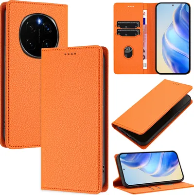 Produktbild von Litchi Leder Handyhülle für Honor Magic7 Pro Wallet Kartenfächer Standfunktion Hülle Orange