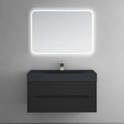 Image de doporro Meuble de Salle de Bain Suspendus Noir Mat 100x48x56cm Ensemble de 3 Pièces Meuble avec Lavabo et Miroir Design Yoga-Lackier