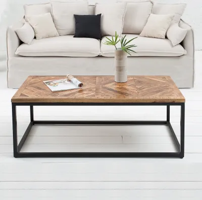 Produktbild von cagü: Industriedesign Couchtisch [SITA] Natur aus Mangoholz in Fischgratoptik handgefertigt 100cm x 50cm Rechteckig