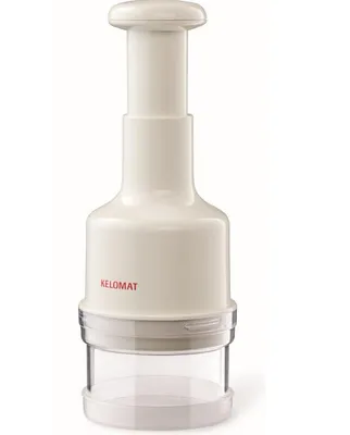 A white plastic food chopper with a clear collection bowl.