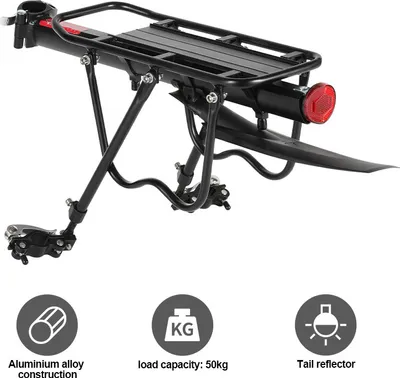Immagine prodotto di Portapacchi per bicicletta con catarifrangente – portapacchi regolabile in alluminio per mountain bike, per biciclette da 24 a 29 pollici, con parafango incluso, portata massima 50 kg