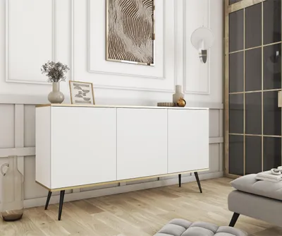 Produktbild von 3-türig Kommode Glow im glamour Stil Schrank mit Regalen 160 cm Breit modern Sideboard mit goldenen Zusätzen, Farbe: Farbe: Weiß, Schwarz