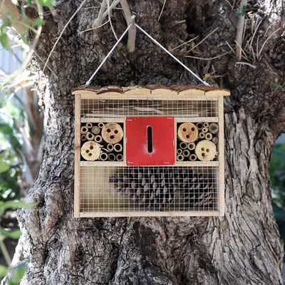 Produktbild von Insektenhotel mit Fichtenholzdach 29x27x10cm Insektenhaus Niströhren Insekten