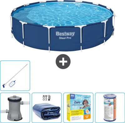 Produktbild von Bestway Round Steel Pro Swimmingpool – 396 x 84 cm – Blau – inklusive Pumpe Sonnensegel - Wartungspaket - Filter - Reinigungskit
