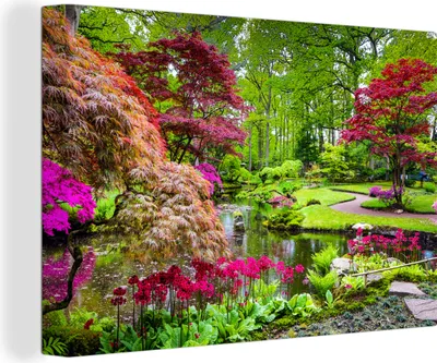 Produktbild von MuchoWow® - Leinwandbilder - Bäume - Blumen - Japanisch - Natur - Wasser, Wandbild, Wanddeko Bilder Wohnzimmer, 90x60 cm