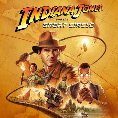Promotional artwork for the game Indiana Jones and the Great Circle, featuring characters and iconic imagery.