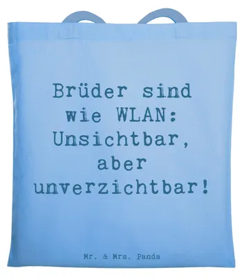 Produktbild von Mr. & Mrs. Panda Shopping Tasche Spruch Bruder WLAN - Sky Blue - Geschenk, Laptoptasche, Großer, Verwandte, Jutebeutel, Schultasche, Bruderherz, Familienbande, Tote Bag