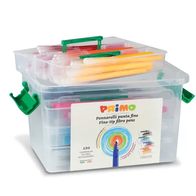 Productafbeelding van PRIMO vezelstiften, 120 stuks, gesorteerd in 12 kleuren.