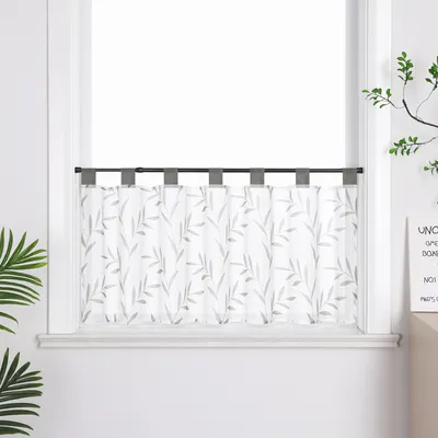 Produktbild von Delien Scheibengardine mit Schlaufen Modern Bistrogardine Küchengardinen Landhausstil Kurzstores mit Blätter Muster Cafehausgardine Grau HxB 30x90 cm