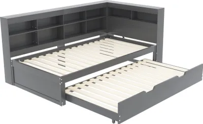 Produktbild von Schlafsofa 90x200cm Massivholzbett (Ohne Matratze) Holzbett 90x190cm Ausziehbares Bett Multifunktionsbett Mit USB-Steckdose und Ablagefächern Grau