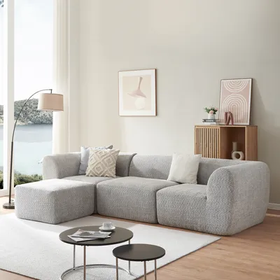 Produktbild von Sofa modułowa 3-osobowa "Hurvas" 2 x narożnik z podłokietnikiem 1 x część środkowa 1 x podnóżek 76 x 313 x 181 cm Bouclé szary
