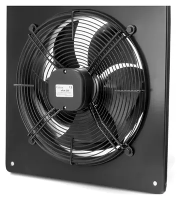 A black industrial ventilation fan mounted on a black square frame.