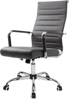 Obrázek produktu pro Ergonomická kancelářská židle s funkcí naklápění, nosnost do 150 kg, otočná, šedá. Kancelářská židle s područkami, s ergonomickou opěrkou bederní páteře ve tvaru "S", polstrovaným sedákem a nastavitelnou výškou, potažená umělou kůží