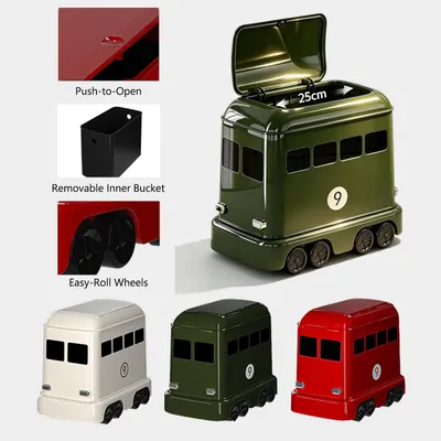 Produktbild von 12L Abfalleimer mit beweglichen,Retro Bus‑Design Mülleimer,geruchdichten Verschluss,abnehmbarer Inneneimer,für Bad,Wohnzimmer,Abfallsammler,Grün.