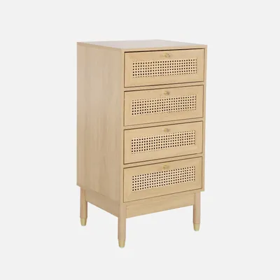 Produktbild von sweeek - Hochkommode Holzdekor und Rattan-Geflecht 4 Schubladen - Natur