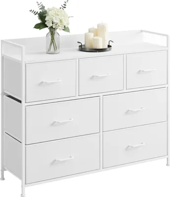Immagine prodotto di Comodino Relaxdays, 7 cassetti rivestiti in tessuto, metallo, MDF, A x L x P: 98 x 85 x 28,5 cm, soggiorno, ingresso, comodino, bianco