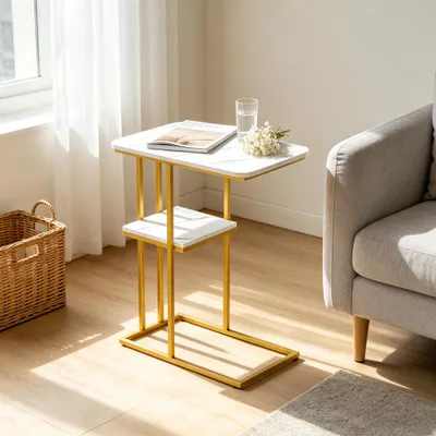 Produktbild von C-Form Beistelltisch,Sofatisch Marmor Optik,Kaffeetisch mit Ablagefläche,Wohnzimmertisch Nachttische Sofatisch für kleine Räume,Wohnzimmer 50x30x58cm