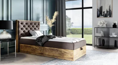 Produktbild von Kontinentales Bett 90x200 CHANTELLE 3 MINI - Wotan Eiche / Braun + GRATIS Matratzenauflage