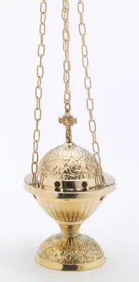 Produktbild von Rauchfass mit Kreuz H 18 cm, Messing, gold, Innenschale aus Stahl, für Räucherkohle
