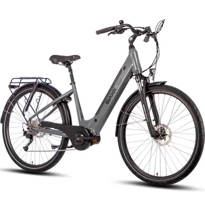 A studio shot of a gray electric bicycle against a white background.