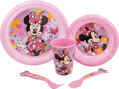 Produktbild von Disney Minnie Mouse Kinder Geschirr-Set 5 teilig Becher Teller Schüssel Besteck