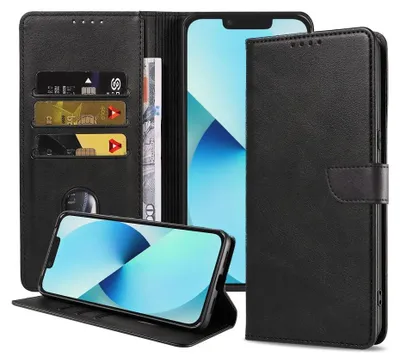 Immagine prodotto di Adatto per iPhone 13 Custodia in ecopelle con labbro magnetico e portacarte a libro con patta - Nero - Smartphonics
