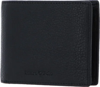 A black leather wallet with the brand name embossed on the front.