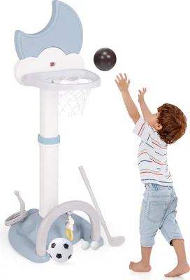 Produktbild von DREAMADE Basketballkorb 4-in-1 für Kinder, höhenverstellbares Sportzentrum mit Basketball, Fußball, Golf, für Jungen und Mädchen ab 3 Jahren Blau