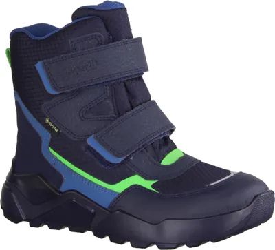 A single blue and green boot is shown against a white background.