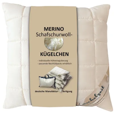 Produktbild von Merino Schafschurwolle Kopfkissen Kuschelzeit in 50x50 cm mit Wollkügelchen zur individuellen Höhenregulierung