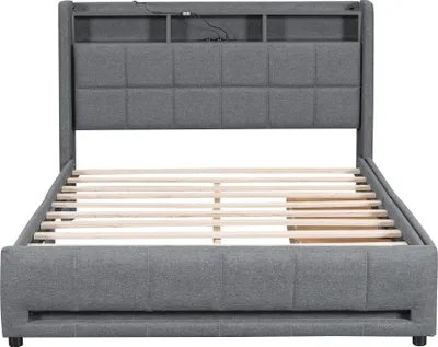 Produktbild von Flieks Polsterbett 140x200cm mit Ladefunktion, Doppelbett Stauraumbett mit 2 Schubladen, Holzbett Jugendbett mit LED & Lattenrost, Leinen, Grau