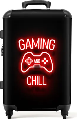 Produktbild von NoBoringSuitcases.com® Großer Koffer - Gaming - Zitate - Gaming und Chillen - Neon - Rot - Kombinationsschloss TSA - Hartschalen Trolley 4 Rollen - 72 liter - Reisekoffer - 66 cmKoffer Mittelgroß 67x43x25 cm, 72L,