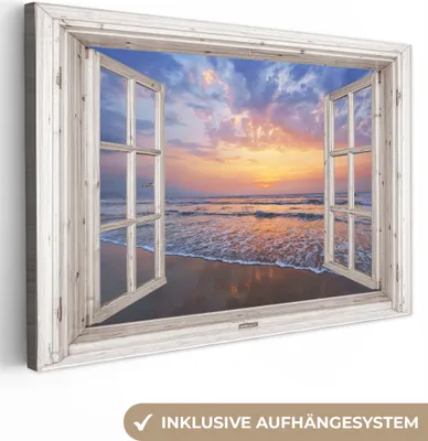 Produktbild von Leinwand Bilder 120x80 cm - Fensterblick - Meer - Sonnenuntergang, Bilder, Wanddeko, Wandbilder Wohnzimmer