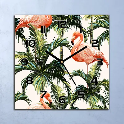 Produktbild von Wanduhr Echt-Glas-Küchenuhr Flamingo und Palmen Quarz 30x30 Deko Bilder