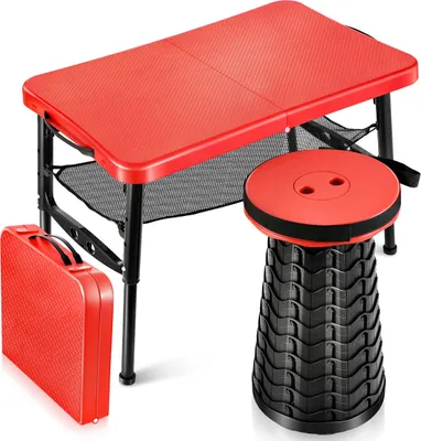 Produktbild von Klapptisch und Hocker Set, Camping Klapptisch mit verstellbarem Hocker für Picknick, Strand, Camp, 17.48"D x 28.97"W x 19.69"H, Rot