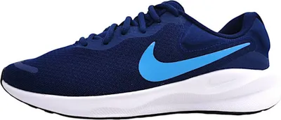 A side view of a blue Nike running shoe with a light blue Nike swoosh logo, set against a white background.
