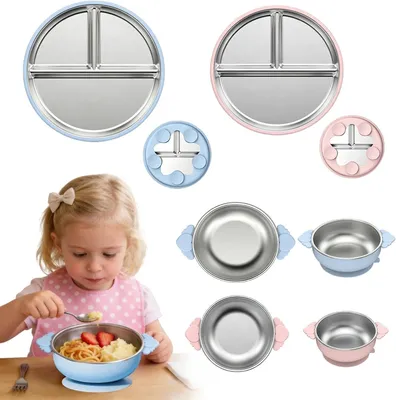 Image de Ensemble de vaisselle pour bébé, 4 pièces, en acier inoxydable, avec ventouse, antidérapant, pour enfants