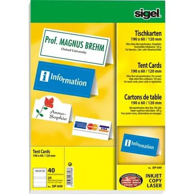 Produktbild von SIGEL DP049 Tischkarten, hochweiß, MP, 190x 60/120 mm (A4), 185 g, 40 Karten