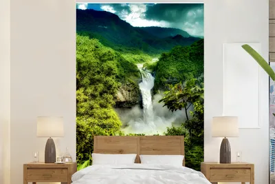 Produktbild von MuchoWow® Fototapete für Wohnzimmer oder Schlafzimmer Wandtapete Vinyl Motivtapete Wasserfall - Berge - Dschungel - 170x260 cm - Wohnzimmertapete
