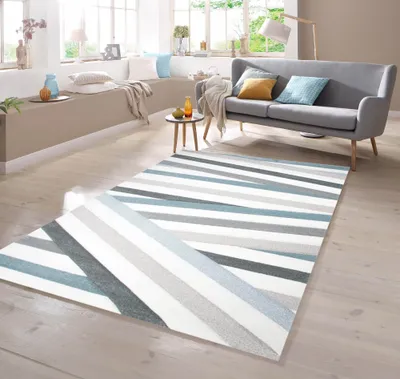 Produktbild von Designer Teppich mit Konturenschnitt Gestreift Pastellfarben Blau Creme Beige Größe - 80 x 300 cm