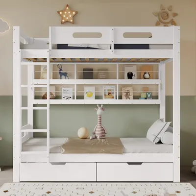 Produktbild von Etagenbett 90x200cm aus Kiefer und MDF, weißes Kinderbett mit Fallschutzgitter, 2 Schubladen auf Rollen und offenem Regal