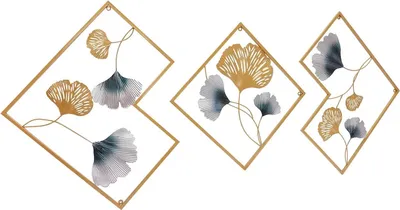 Immagine prodotto di Decorazione da parete Ginkgo - Set di 3 pezzi - Metallo - Con cornice - Moderno per interni - Oro