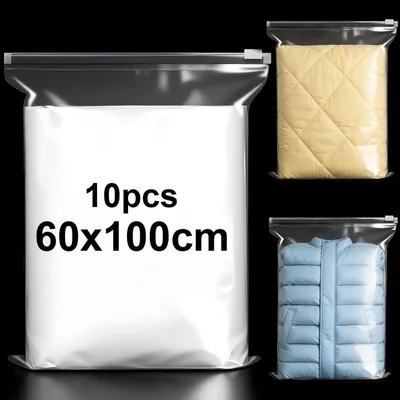 Zdjęcie produktu dla Worki z zapięciem błyskawicznym, 60x100 cm, przezroczyste, 10 sztuk, wielokrotnego użytku, wykonane z PE, odporne na rozerwanie, z otworami wentylacyjnymi