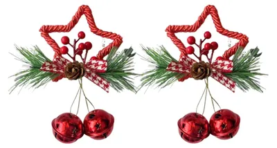 Produktbild von Set mit 2 weihnachtlichen Hängedekorationen mit roten Samtglöckchen und Schleifen für Baum und Tür