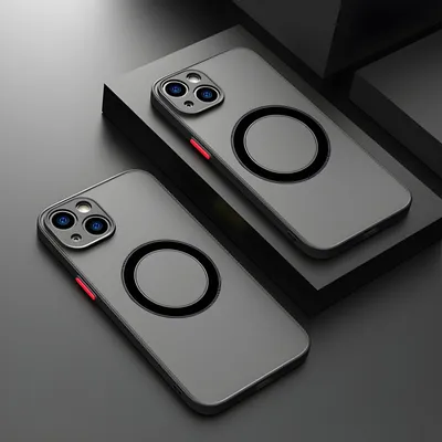 Two iPhone cases are displayed on a dark, abstract background with geometric shapes.