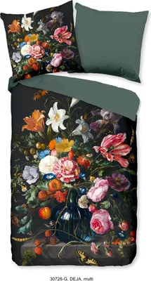 A flat lay of a duvet cover and pillowcase set featuring a floral still life painting.